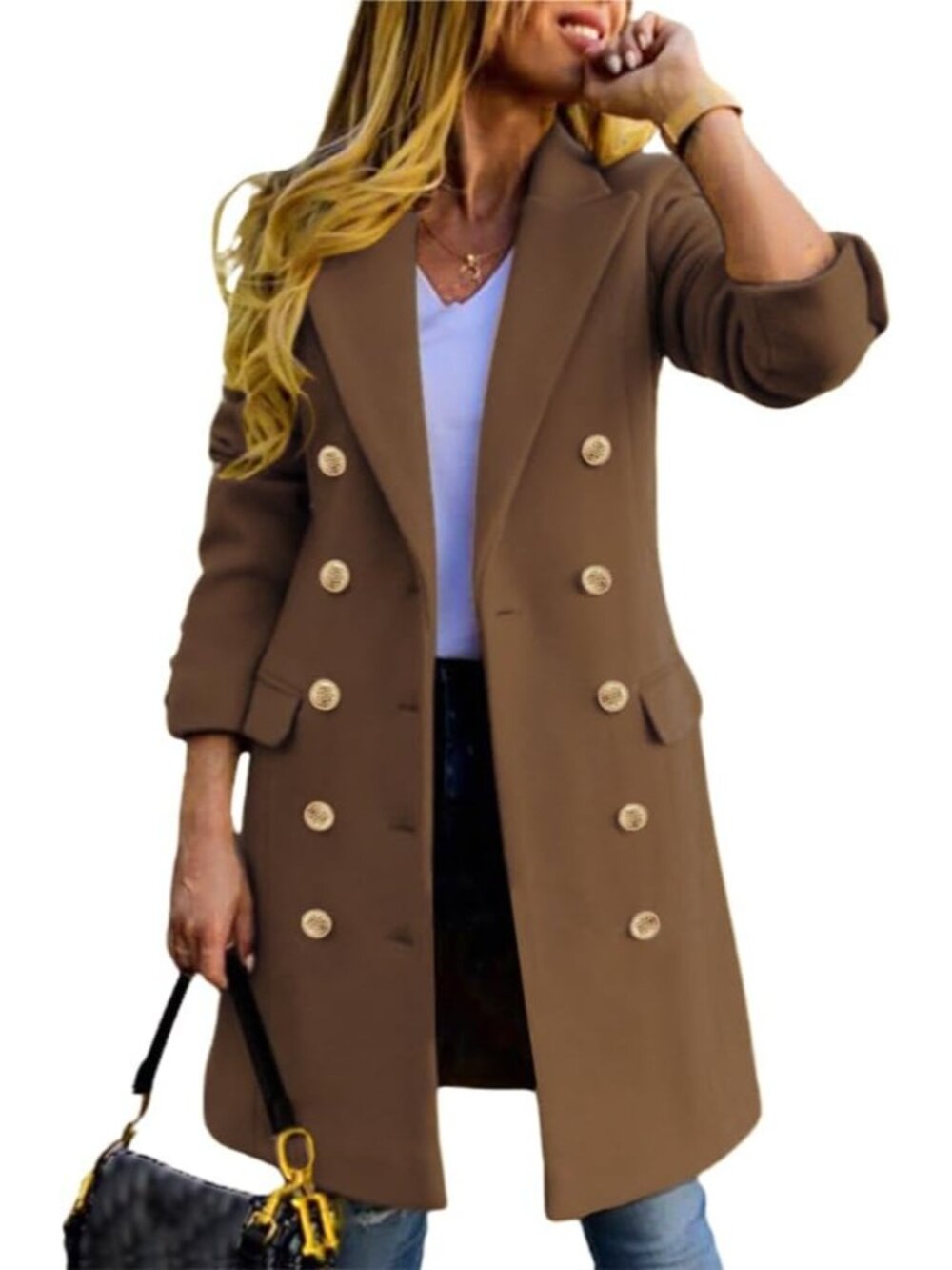 Women's Dark Khaki Wool Blend Double Breasted Gold Buttons Midi Long Trench Coat